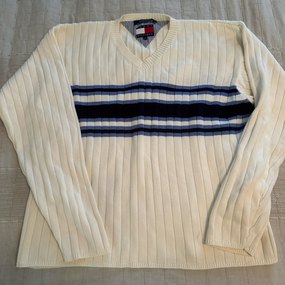 Tommy Hilfiger Cream Cable Knit Crewneck Sweater with Blue Stripes